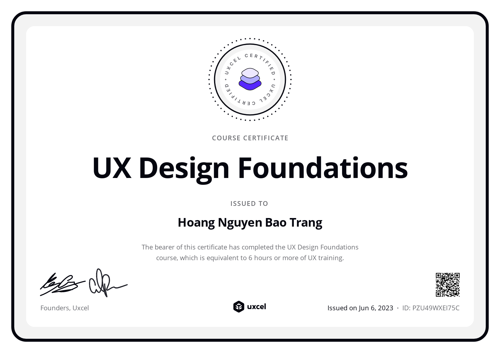 Hoang Nguyen Bao Trang's certificate